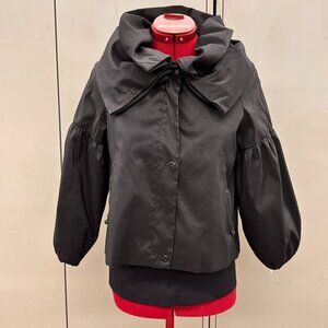 Samuel Dong Black cropped Pouf Sleeve Jacket Ruffle collar Zip/Snap Closure Sz S